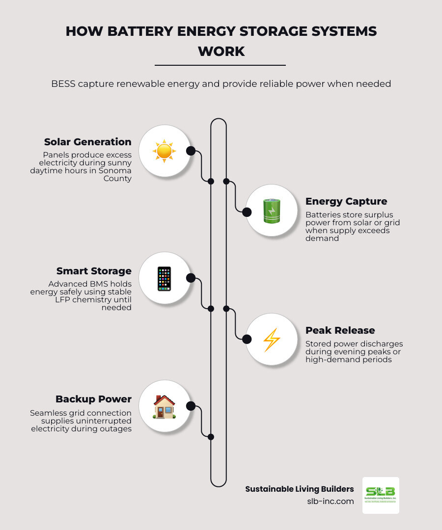 Infographic showing how Battery Energy Storage Systems work: solar panels generate electricity during the day, excess power charges battery storage, stored energy powers home during evening peak hours or outages, system connects to utility grid for seamless backup, smart monitoring tracks performance and savings - energy storage batteries in fulton ca infographic infographic-line-5-steps-elegant_beige Infographic showing how Battery Energy Storage Systems work: solar panels generate electricity during the day, excess power charges battery storage, stored energy powers home during evening peak hours or outages, system connects to utility grid for seamless backup, smart monitoring tracks performance and savings - energy storage batteries in fulton ca infographic infographic-line-5-steps-elegant_beige