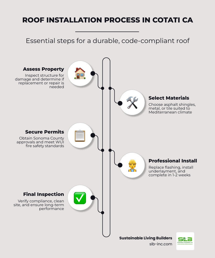 Infographic showing the complete roof installation process in Cotati CA, including steps for material selection, permit application, fire safety compliance, installation timeline, and post-installation maintenance, with icons for asphalt shingles, metal roofing, WUI requirements, and GAF certification badges - roof installation in cotati ca infographic infographic-line-5-steps-elegant_beige