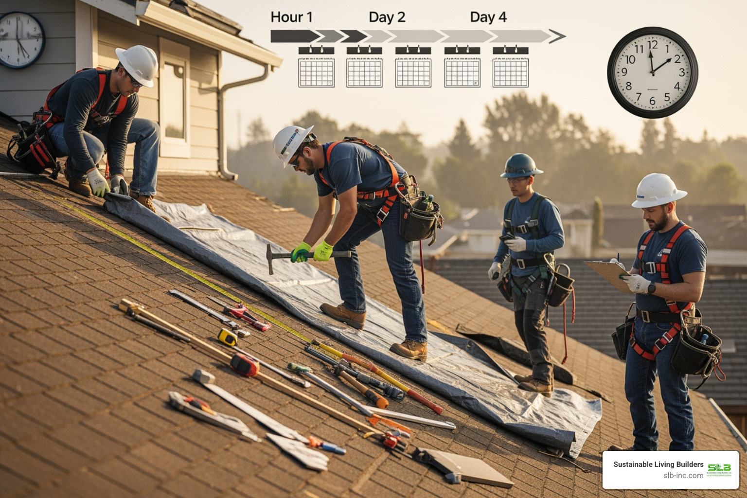 Infographic showing emergency roofing response timeline: Hour 1 - Initial contact and damage assessment, Hours 2-4 - Emergency tarping and temporary weatherproofing, Day 1 - Insurance documentation and permit application, Days 2-3 - Material delivery and full roof installation, Day 4 - Final inspection and warranty - emergency roof installation in cotati, ca