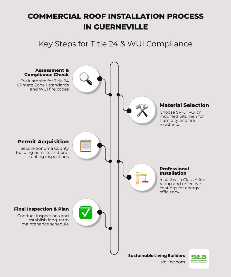 Infographic showing commercial roof installation process in Guerneville: 1. Assessment and compliance check for Title 24 Zone 1 and WUI fire codes, 2. Material selection (SPF, TPO, or modified bitumen), 3. Permit acquisition through Sonoma County, 4. Professional installation with Class A fire rating, 5. Final inspection and long-term maintenance plan - commercial roof installation in guerneville, ca infographic infographic-line-5-steps-elegant_beige
