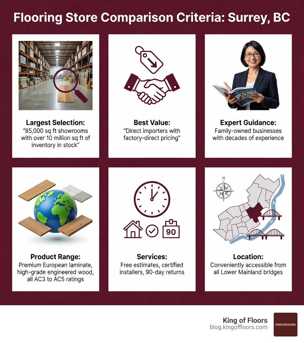 infographic showing flooring store comparison criteria - flooring stores surrey bc infographic 