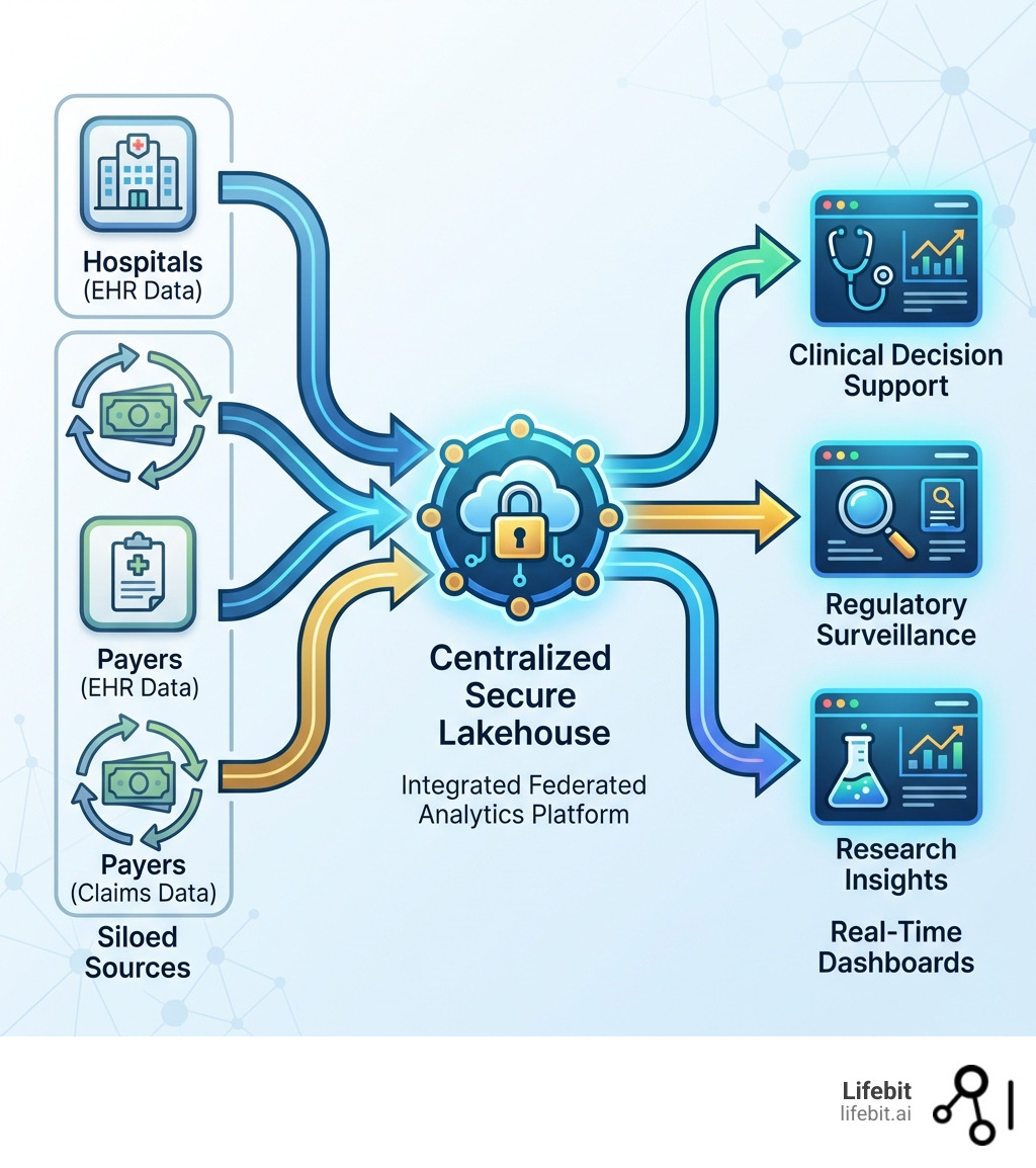 Infographic showing the transition from siloed EHR and claims data sources to an integrated federated analytics platform, with arrows demonstrating data flow from multiple hospitals and payers into a centralized secure lakehouse, then out to real-time dashboards for clinical decision support, regulatory surveillance, and research insights - ehr claims data integration infographic 