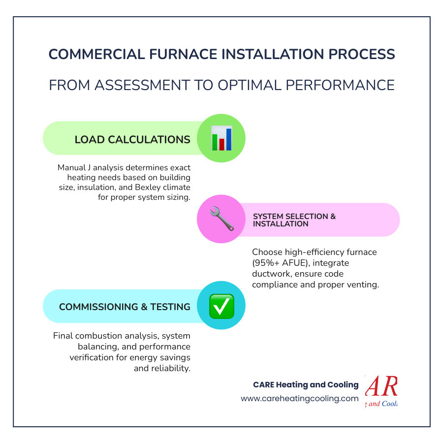 Infographic showing the complete commercial furnace installation process: from initial load calculations and system selection through professional installation, code compliance checks, and final commissioning, with callouts for energy efficiency benefits, proper sizing requirements, and long-term operational savings - commercial furnace installation in bexley, oh infographic infographic-line-3-steps-colors Infographic showing the complete commercial furnace installation process: from initial load calculations and system selection through professional installation, code compliance checks, and final commissioning, with callouts for energy efficiency benefits, proper sizing requirements, and long-term operational savings - commercial furnace installation in bexley, oh infographic infographic-line-3-steps-colors