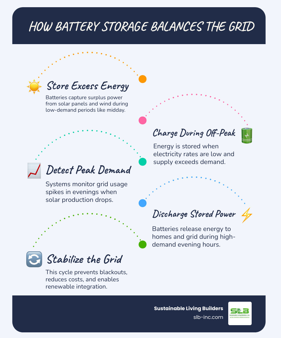 Infographic showing how battery energy storage systems balance the electrical grid by storing excess renewable energy during low demand periods and discharging during peak hours, with icons representing solar panels, wind turbines, battery storage units, and homes receiving power - energy storage batteries in petaluma ca infographic infographic-line-5-steps-blues-accent_colors Infographic showing how battery energy storage systems balance the electrical grid by storing excess renewable energy during low demand periods and discharging during peak hours, with icons representing solar panels, wind turbines, battery storage units, and homes receiving power - energy storage batteries in petaluma ca infographic infographic-line-5-steps-blues-accent_colors
