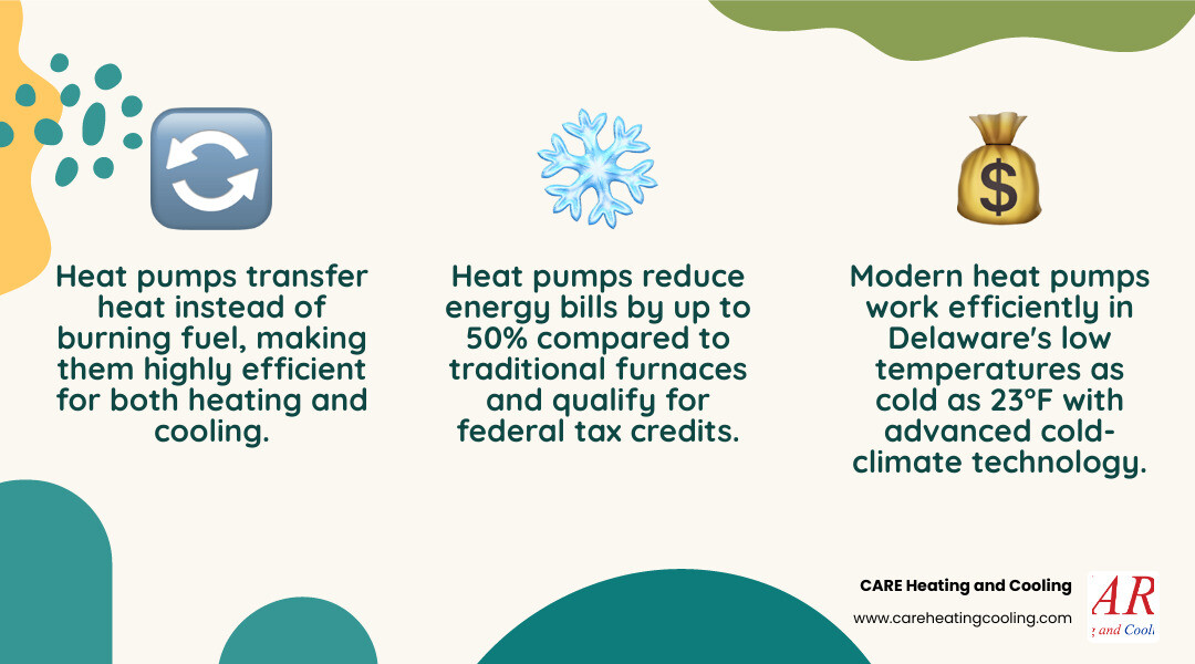 Infographic showing the benefits of heat pump installation in Delaware, OH: heat pumps transfer heat instead of burning fuel, work efficiently in temperatures as low as 23°F with modern cold-climate technology, provide both heating and cooling year-round, reduce energy bills by up to 50% compared to furnaces, and qualify for federal tax credits and utility rebates in Ohio - affordable heat pump installation in delaware, oh infographic 3_facts_emoji_nature Infographic showing the benefits of heat pump installation in Delaware, OH: heat pumps transfer heat instead of burning fuel, work efficiently in temperatures as low as 23°F with modern cold-climate technology, provide both heating and cooling year-round, reduce energy bills by up to 50% compared to furnaces, and qualify for federal tax credits and utility rebates in Ohio - affordable heat pump installation in delaware, oh infographic 3_facts_emoji_nature