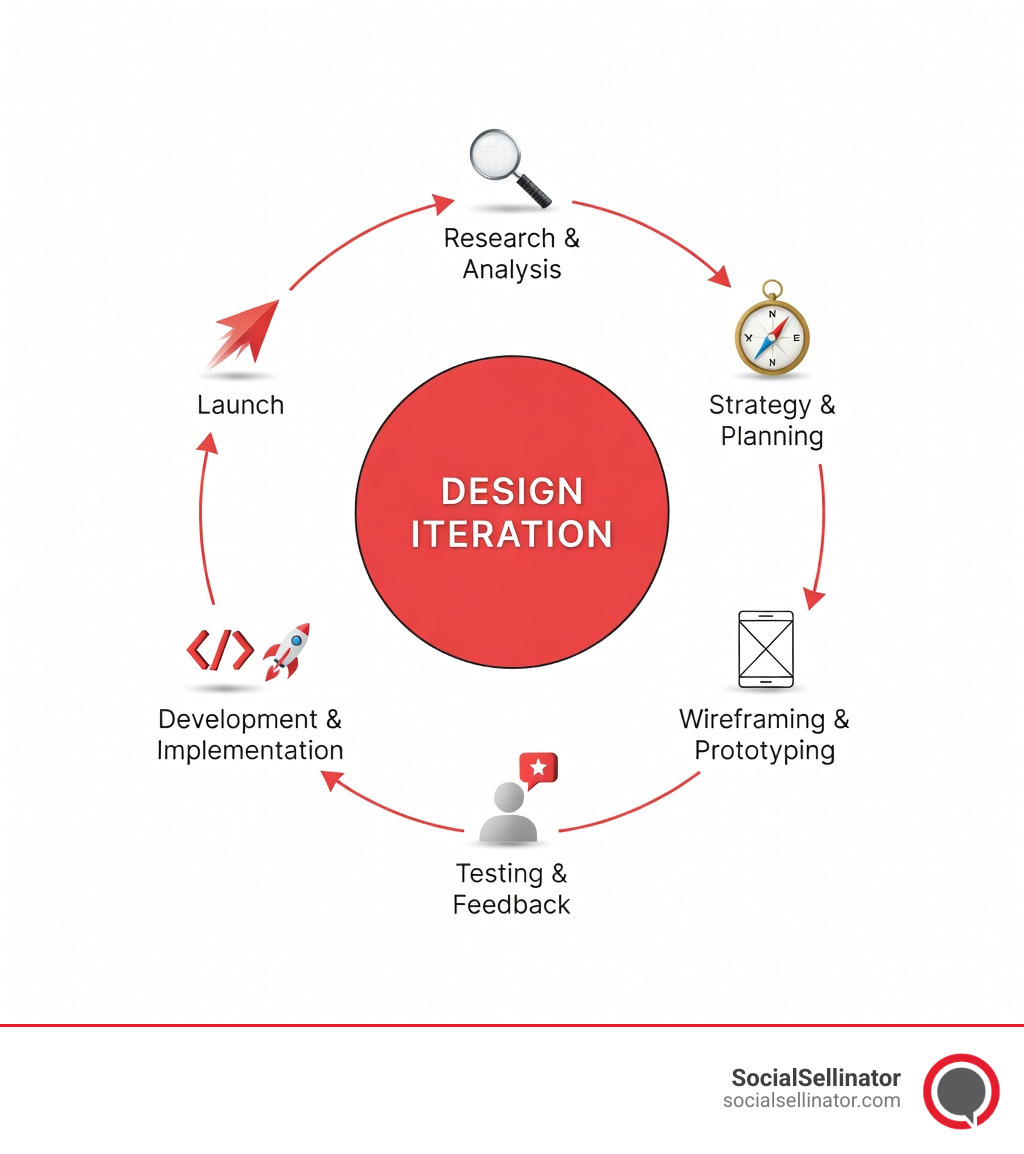 Infographic showing the iterative UX design process: Research and Analysis leads to Strategy and Planning, then Wireframing and Prototyping, followed by Testing and Feedback, then Development and Implementation, Launch, and Design Iteration in a continuous cycle - How to improve UX? infographic 