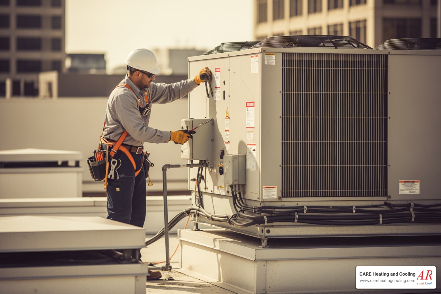 HVAC technician inspecting a large commercial heating unit - commercial furnace maintenance in columbus, oh HVAC technician inspecting a large commercial heating unit - commercial furnace maintenance in columbus, oh