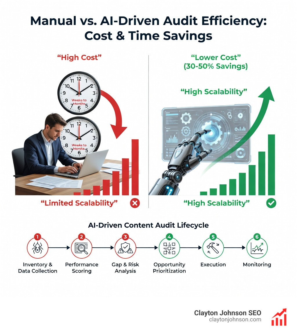 Comparison of manual vs AI-driven audit efficiency showing cost and time savings - AI driven content audits infographic 
