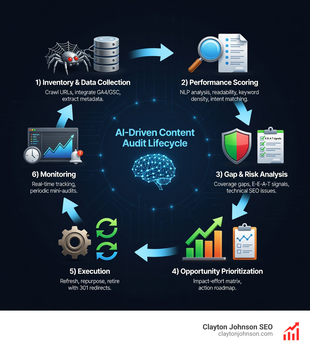 Infographic showing the AI-driven content audit lifecycle: 1) Inventory & Data Collection (crawl URLs, integrate GA4/GSC, extract metadata), 2) Performance Scoring (NLP analysis, readability, keyword density, intent matching), 3) Gap & Risk Analysis (coverage gaps, E-E-A-T signals, technical SEO issues), 4) Opportunity Prioritization (impact-effort matrix, action roadmap), 5) Execution (refresh, repurpose, retire with 301 redirects), 6) Monitoring (real-time tracking, periodic mini-audits) - AI driven content audits infographic 