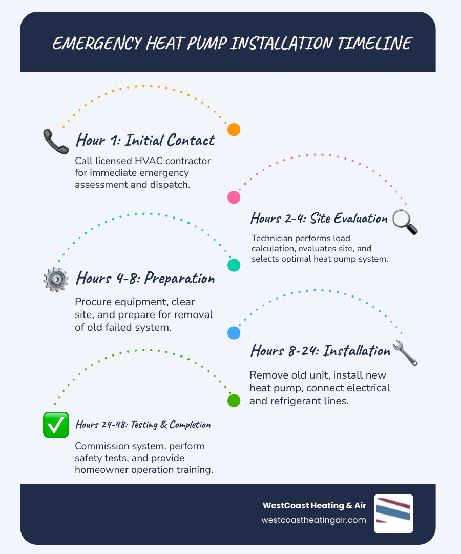 Infographic showing emergency heat pump installation timeline: Hour 1 - Initial contact and emergency assessment; Hours 2-4 - Site evaluation and system selection with load calculation; Hours 4-8 - Equipment procurement and site preparation; Hours 8-24 - Old system removal and new heat pump installation; Hours 24-48 - Final testing, commissioning, and homeowner orientation - emergency heat pump installation in university place, wa infographic infographic-line-5-steps-blues-accent_colors