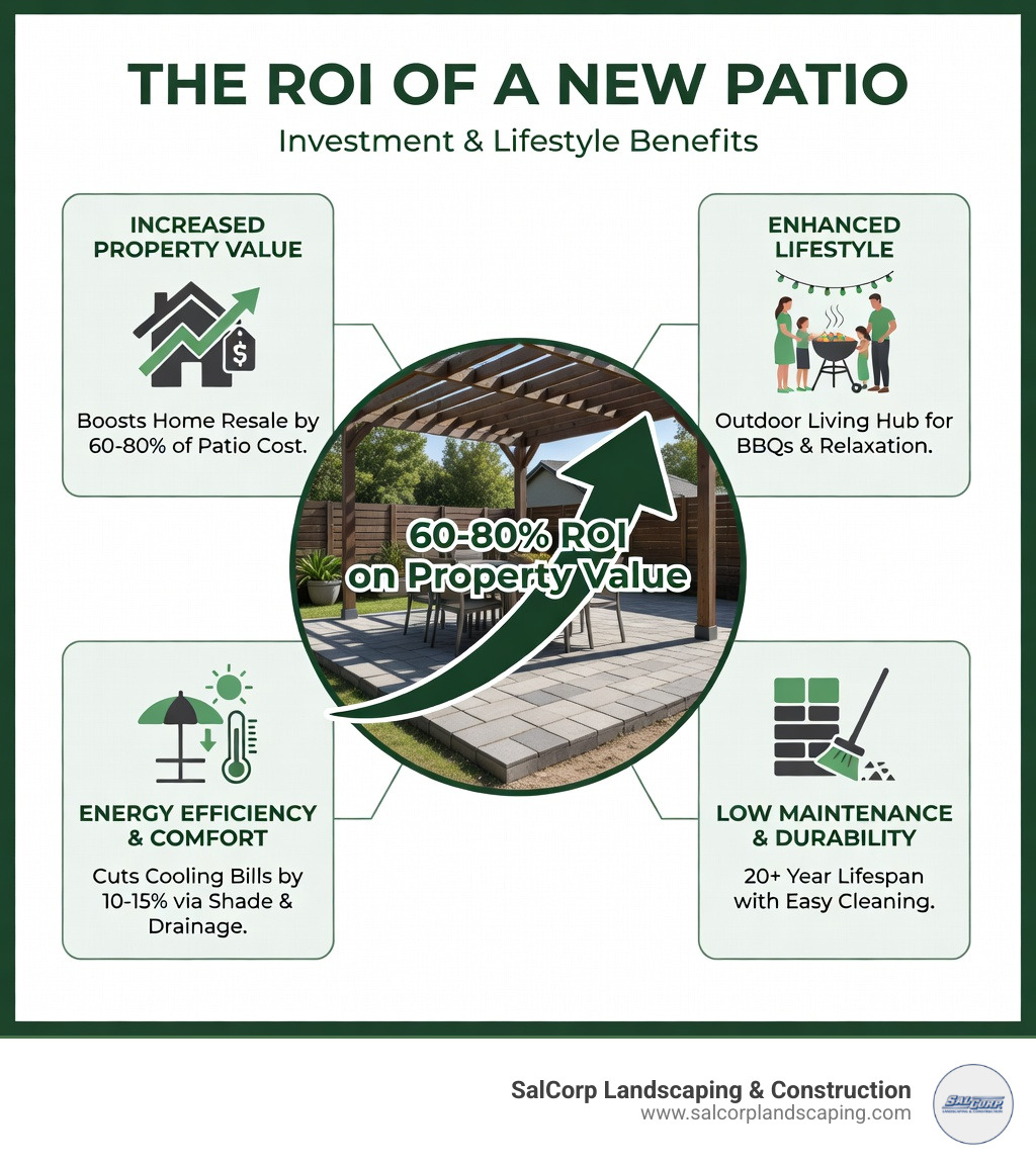 infographic showing the ROI of a new patio including property value increase and lifestyle benefits - New Patio infographic 