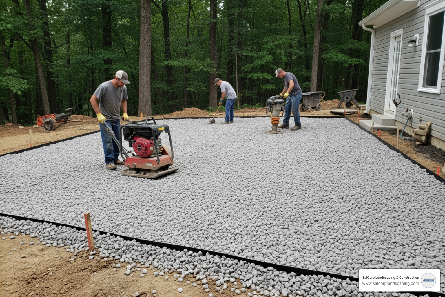 professional hardscape installation showing the subbase and compaction process - New Patio