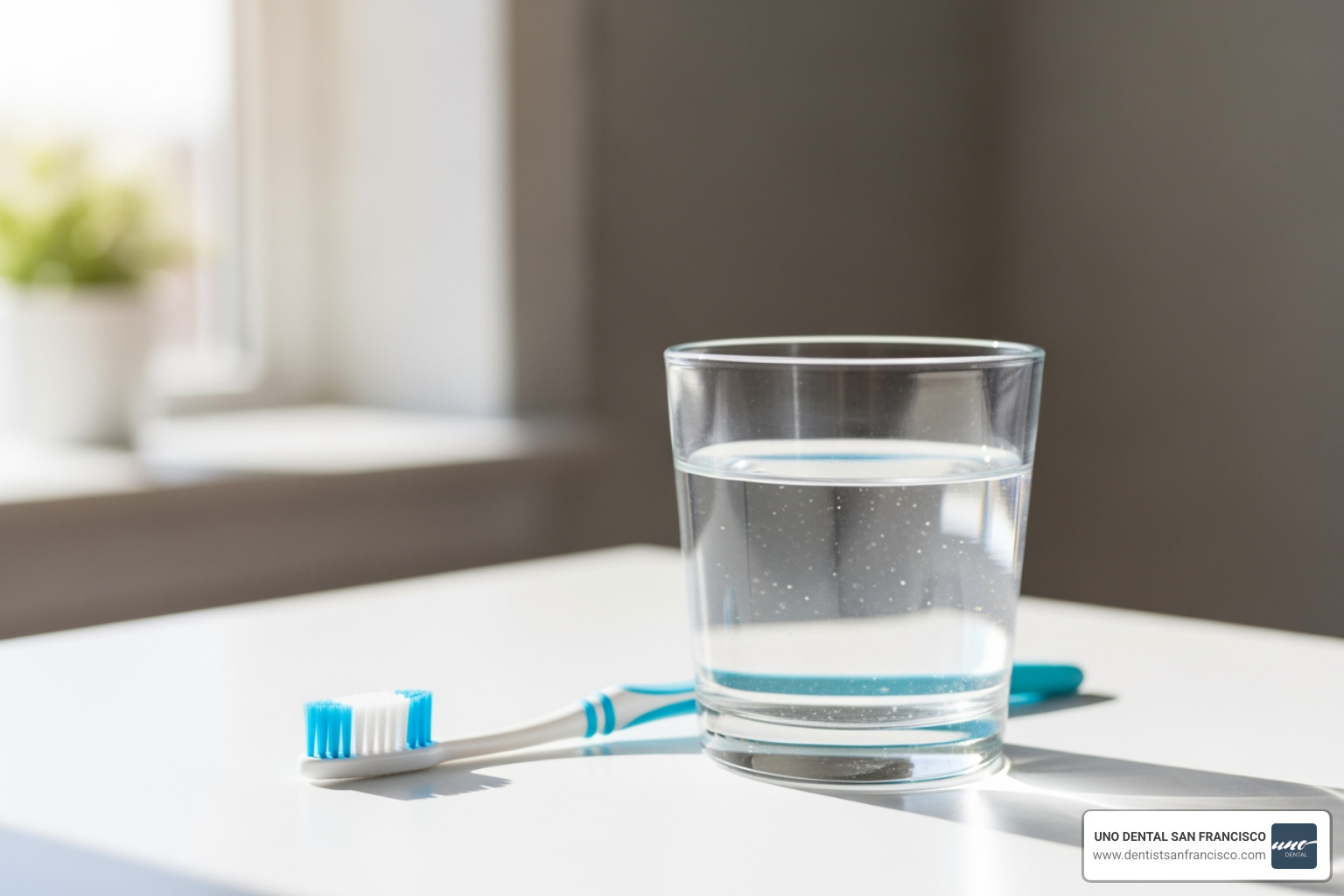 a soft-bristled toothbrush next to a glass of warm saltwater for dental recovery - Deep cleaning dental aftercare a soft-bristled toothbrush next to a glass of warm saltwater for dental recovery - Deep cleaning dental aftercare
