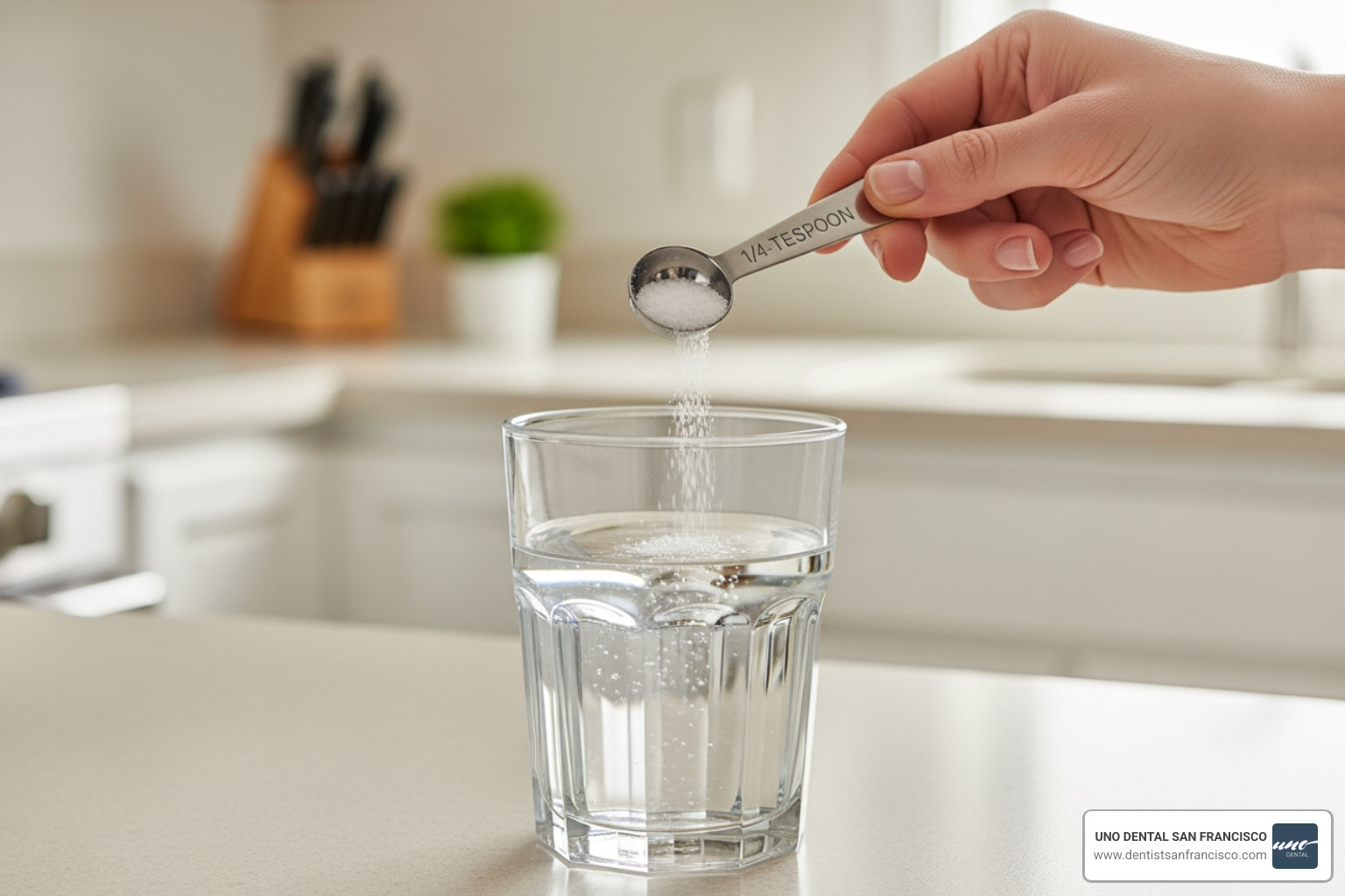 preparing a saltwater rinse with a measuring spoon and warm water - Deep cleaning dental aftercare preparing a saltwater rinse with a measuring spoon and warm water - Deep cleaning dental aftercare