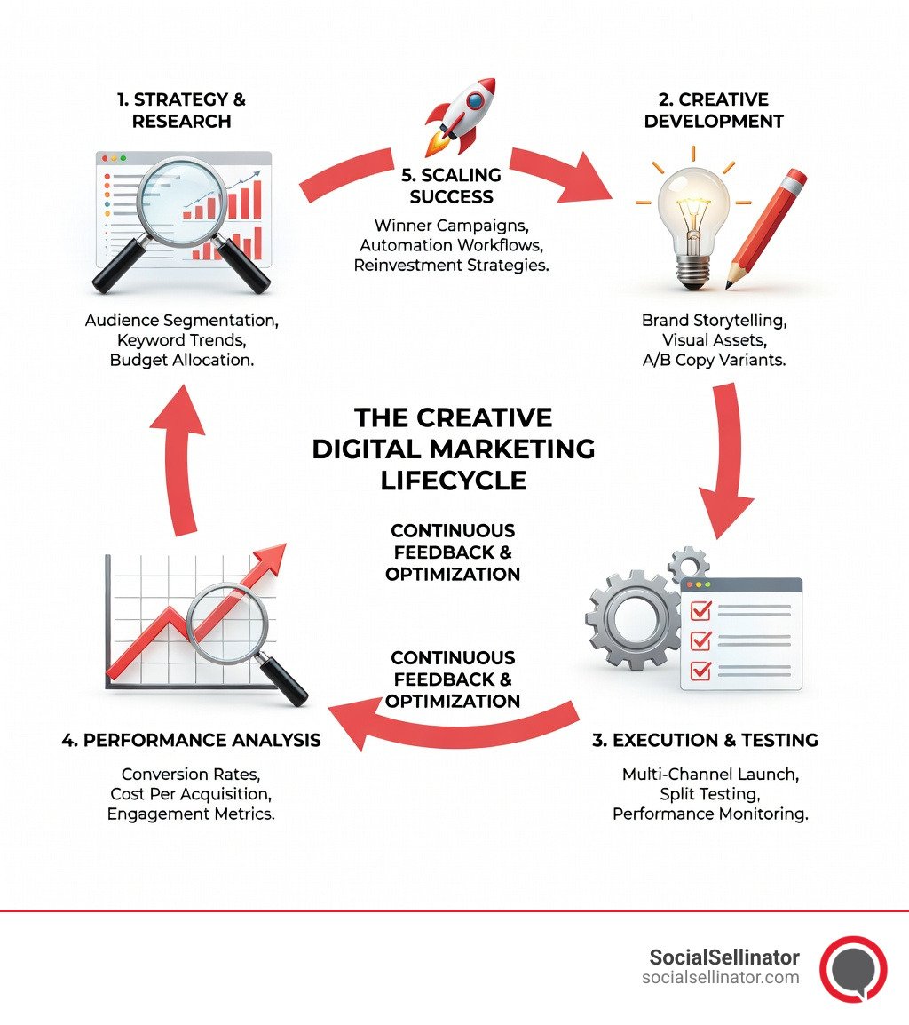 Infographic showing the creative digital marketing lifecycle: Strategy & Research flowing to Creative Development, then to Execution & Testing, followed by Performance Analysis, and finally Scaling Success, with feedback loops connecting each stage - Creative digital marketing team infographic Infographic showing the creative digital marketing lifecycle: Strategy & Research flowing to Creative Development, then to Execution & Testing, followed by Performance Analysis, and finally Scaling Success, with feedback loops connecting each stage - Creative digital marketing team infographic