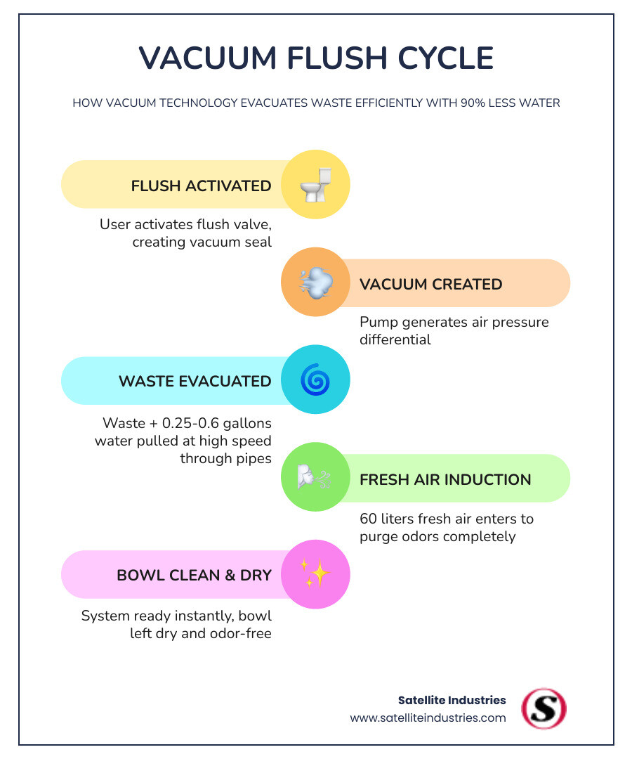 Infographic showing the vacuum flush cycle: 1) User activates flush valve, 2) Air pressure differential created by vacuum pump, 3) Waste and minimal water (0.25-0.6 gallons) evacuated at high speed through piping, 4) Fresh air (60 liters) inducted to purge odors, 5) Bowl left completely dry and clean, 6) Waste transported to central holding tank (18,000 liter capacity), 7) System ready for next use with no refill time. Water savings: 90% reduction versus traditional 2+ gallon flush. - modular vacuum flushing restroom system rentals infographic infographic-line-5-steps-colors