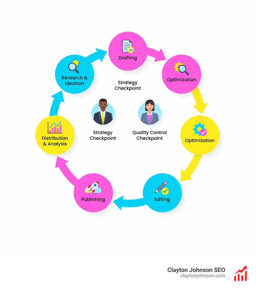 Infographic showing AI content creation workflow from research and ideation through drafting, optimization, editing, and publishing, with human oversight at strategy and quality control checkpoints - Best AI content tools infographic Infographic showing AI content creation workflow from research and ideation through drafting, optimization, editing, and publishing, with human oversight at strategy and quality control checkpoints - Best AI content tools infographic