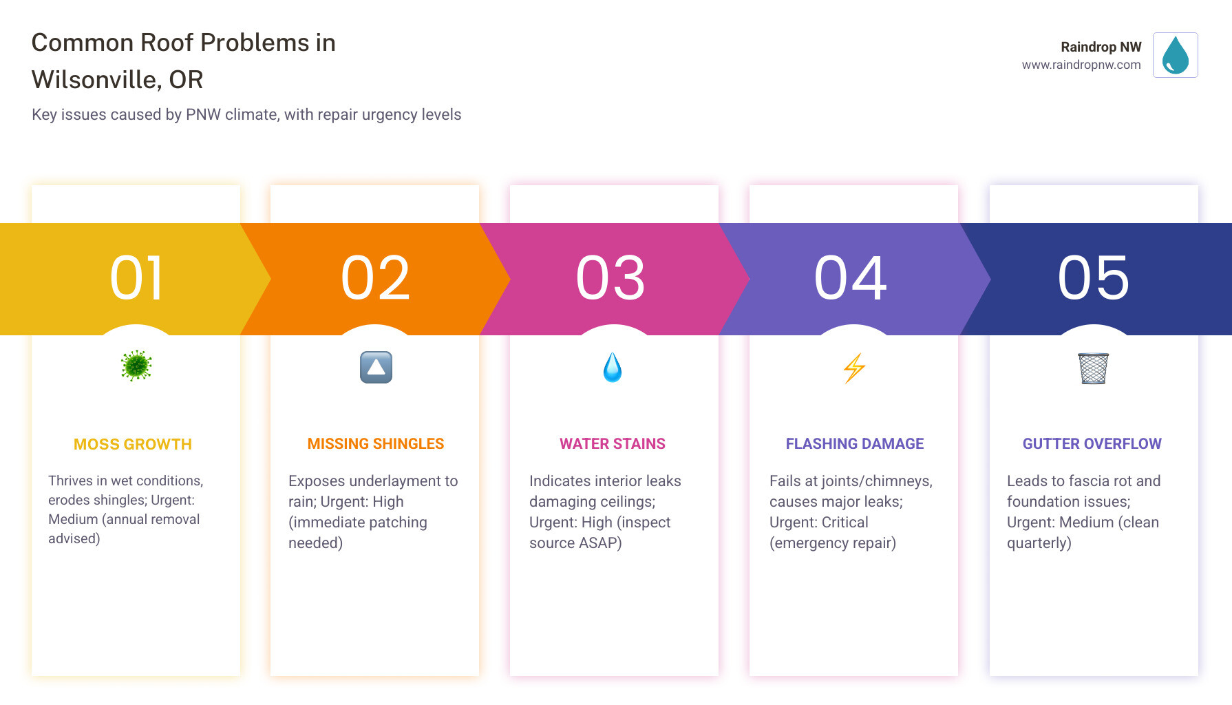 infographic showing common roof problems in Wilsonville including moss growth, missing shingles, water stains, flashing damage, and gutter overflow with corresponding repair timelines and urgency levels - roof repair company in wilsonville, or infographic pillar-5-steps