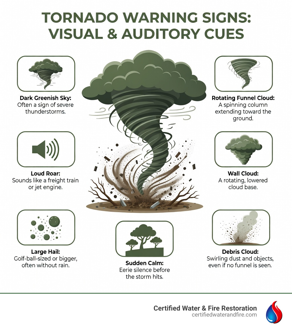 infographic showing visual and auditory tornado warning signs including dark greenish sky, rotating funnel cloud, debris cloud, wall cloud, large hail, loud roaring sound, and sudden calm air - signs of a tornado infographic 