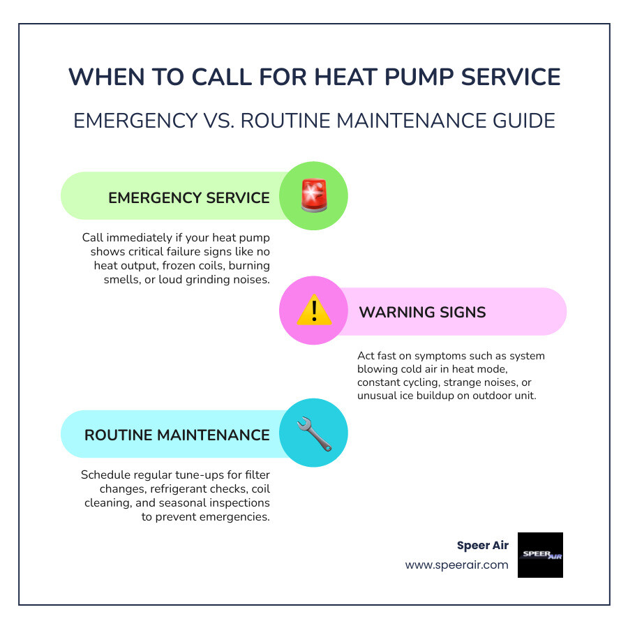Infographic showing when to call for emergency heat pump service versus routine maintenance, including warning signs like no heat, frozen coils, burning smells, and loud grinding noises versus scheduled tune-ups for filter changes, refrigerant checks, and seasonal inspections - 24 hour heat pump maintenance in easton, pa infographic infographic-line-3-steps-colors Infographic showing when to call for emergency heat pump service versus routine maintenance, including warning signs like no heat, frozen coils, burning smells, and loud grinding noises versus scheduled tune-ups for filter changes, refrigerant checks, and seasonal inspections - 24 hour heat pump maintenance in easton, pa infographic infographic-line-3-steps-colors
