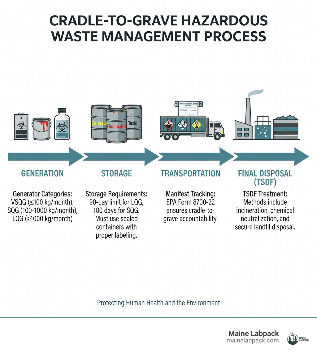 infographic showing cradle-to-grave hazardous waste management process from generation through transportation to final disposal, including generator categories, storage requirements, manifest tracking, and TSDF treatment - hazardous waste disposal infographic infographic showing cradle-to-grave hazardous waste management process from generation through transportation to final disposal, including generator categories, storage requirements, manifest tracking, and TSDF treatment - hazardous waste disposal infographic