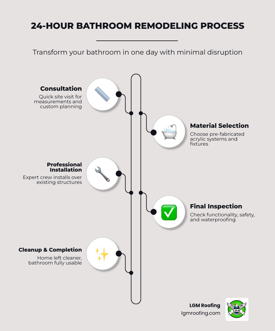 infographic showing the 24-hour bathroom remodeling process: consultation and measurement, material selection and ordering, professional installation with minimal disruption, final inspection and cleanup, completed transformation in one day - 24 hour bathroom remodeling in montclair, nj infographic infographic-line-5-steps-elegant_beige 24-hour bathroom remodeling process diagram illustrating consultation, material selection, professional installation, cleanup, and final inspection for efficient renovations by LGM Roofing in Montclair, NJ.