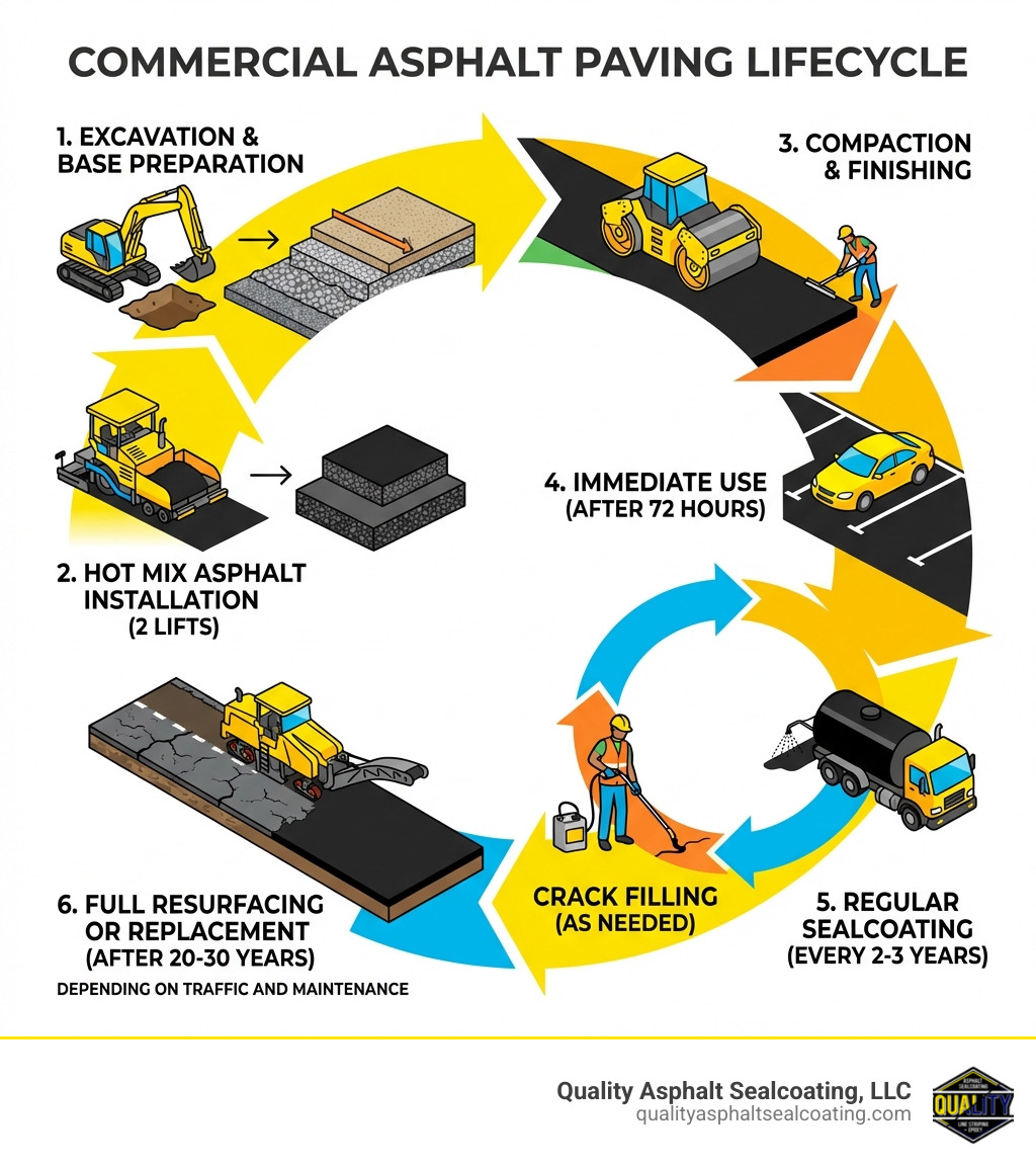 Infographic showing the commercial asphalt paving lifecycle: excavation and base preparation, hot mix asphalt installation in two lifts, compaction and finishing, immediate use after 72 hours, regular sealcoating every 2-3 years, crack filling as needed, and full resurfacing or replacement after 20-30 years depending on traffic and maintenance - commercial asphalt contractor infographic