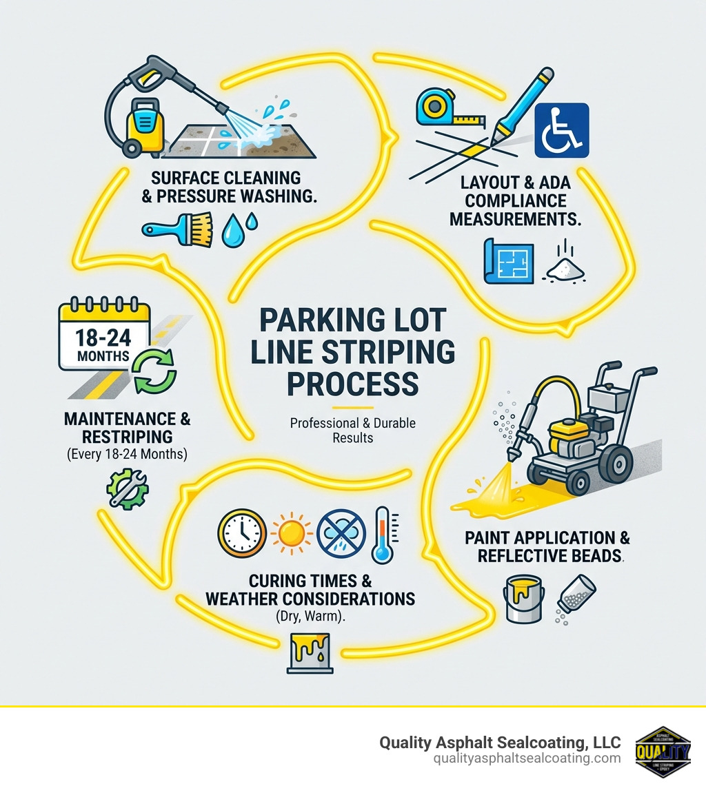 Infographic showing the complete parking lot line striping process from surface cleaning and pressure washing, to layout with chalk lines and measurements for ADA compliance, to paint application with professional striping machines and reflective beads, to curing times and weather considerations, ending with maintenance schedule recommendations for restriping every 18-24 months - parking lot line striping infographic