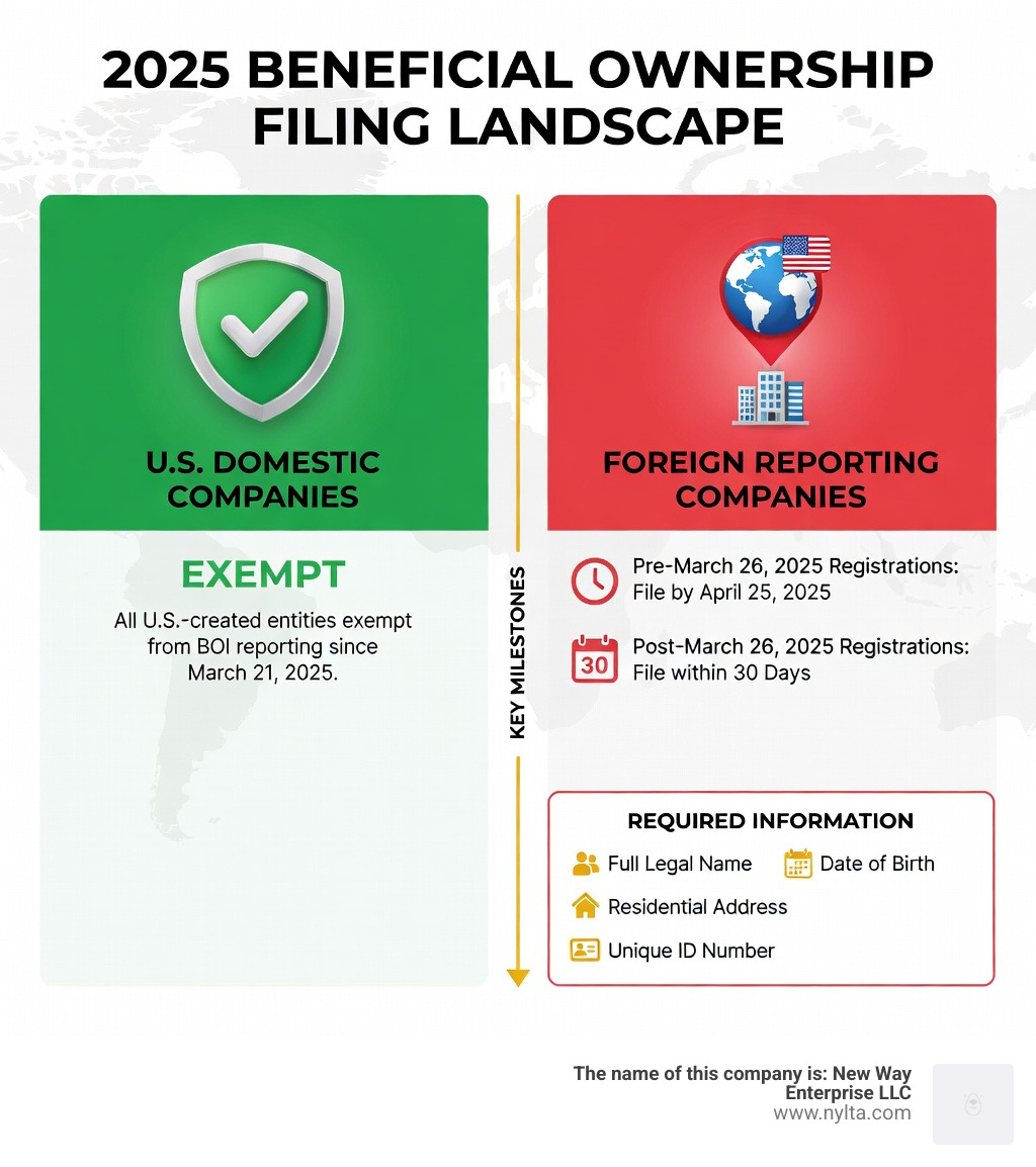 Detailed infographic showing the 2025 beneficial ownership filing landscape: left side showing U.S. domestic companies marked as exempt with a checkmark, right side showing foreign reporting companies with filing deadlines - April 25, 2025 for pre-March 26 registrations and 30 days for post-March 26 registrations, plus required information fields including name, date of birth, address, and ID number - Beneficial ownership filing infographic
