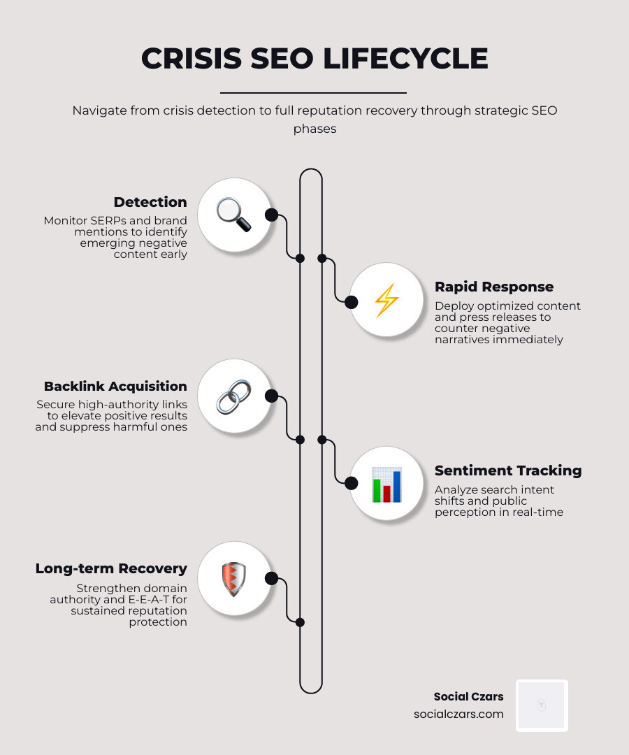 infographic showing the crisis SEO lifecycle from detection through monitoring to recovery, including SERP monitoring, rapid content deployment, backlink acquisition, sentiment tracking, and long-term reputation repair phases - The Power of SEO in a PR Crisis infographic infographic-line-5-steps-elegant_beige infographic showing the crisis SEO lifecycle from detection through monitoring to recovery, including SERP monitoring, rapid content deployment, backlink acquisition, sentiment tracking, and long-term reputation repair phases - The Power of SEO in a PR Crisis infographic infographic-line-5-steps-elegant_beige