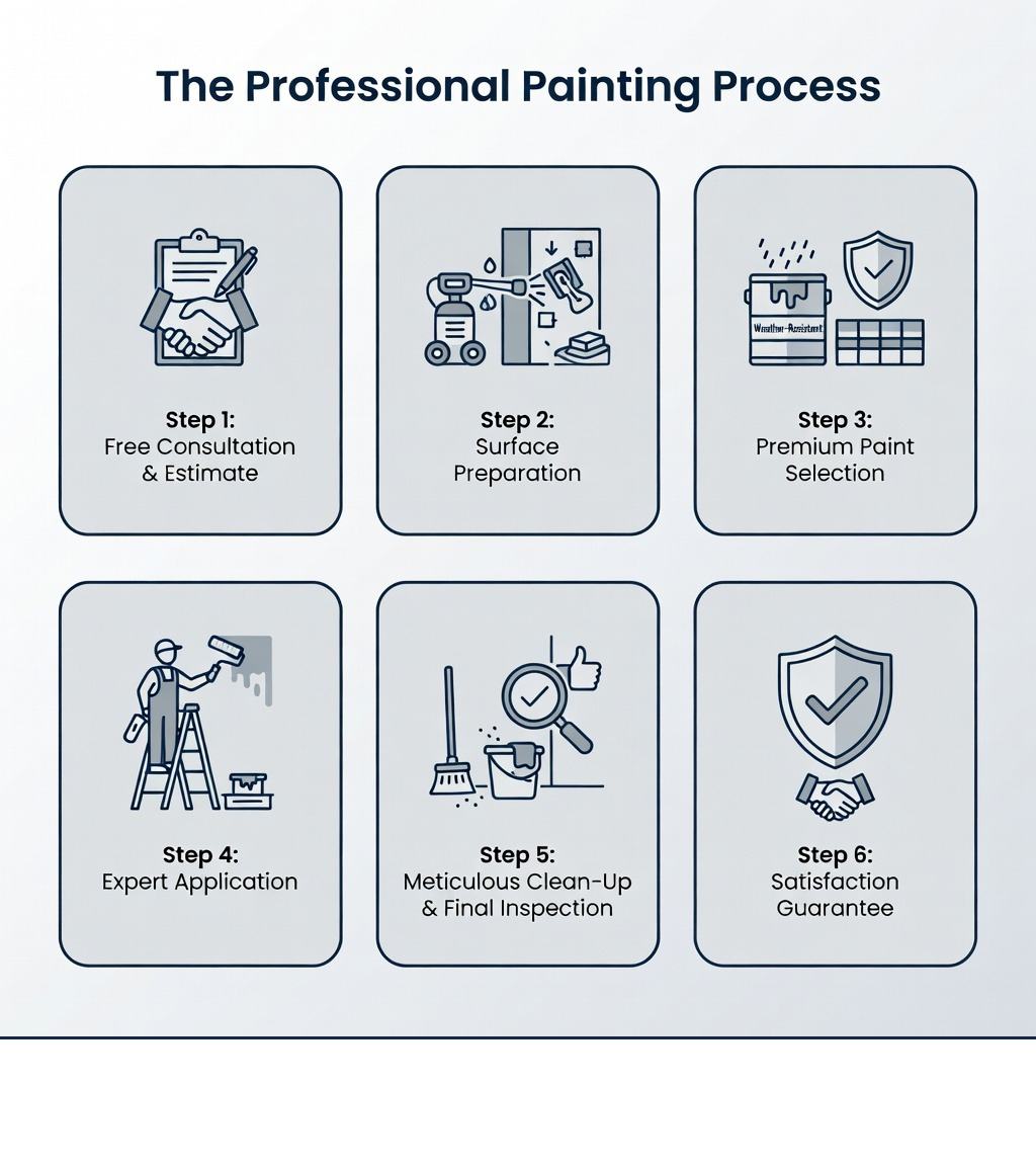 Infographic showing the professional painting process: 1. Free consultation and estimate 2. Surface preparation including power washing, drywall repair, and sanding 3. Premium paint selection with weather-resistant properties 4. Expert application with multiple coats 5. Meticulous clean-up and final inspection 6. Satisfaction guarantee - Painters New Bedford MA infographic 