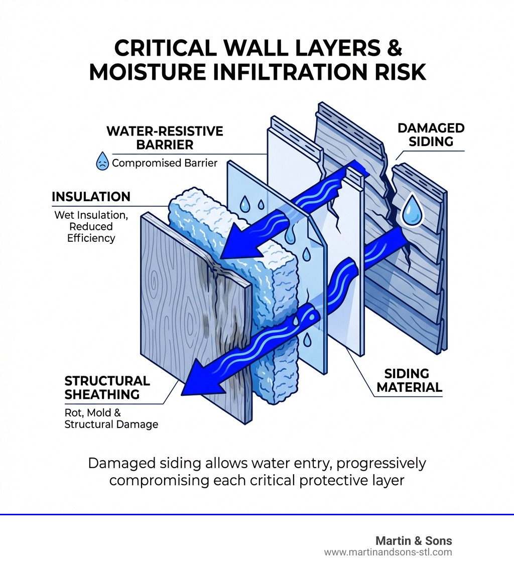 Infographic showing the critical layers of a home's exterior wall system: structural sheathing, water-resistive barrier, insulation, and siding material, with arrows indicating how damaged siding allows moisture infiltration that compromises each layer - home siding repair near me infographic Infographic showing the critical layers of a home's exterior wall system: structural sheathing, water-resistive barrier, insulation, and siding material, with arrows indicating how damaged siding allows moisture infiltration that compromises each layer - home siding repair near me infographic