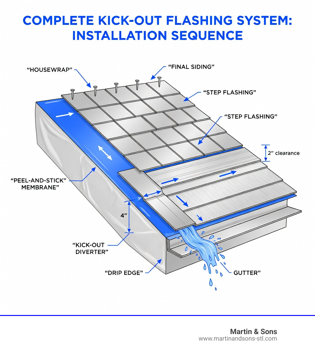 Infographic showing the complete kick out flashing system: housewrap as base layer, peel-and-stick membrane over wall and roof intersection, kick-out diverter positioned at 110-degree angle extending 4 inches up wall and onto roof, step flashing pieces overlapping up the roof-wall junction, drip edge below the diverter directing water into gutter, and final siding installed with 2-inch clearance above roofing - kick out flashing install infographic Infographic showing the complete kick out flashing system: housewrap as base layer, peel-and-stick membrane over wall and roof intersection, kick-out diverter positioned at 110-degree angle extending 4 inches up wall and onto roof, step flashing pieces overlapping up the roof-wall junction, drip edge below the diverter directing water into gutter, and final siding installed with 2-inch clearance above roofing - kick out flashing install infographic