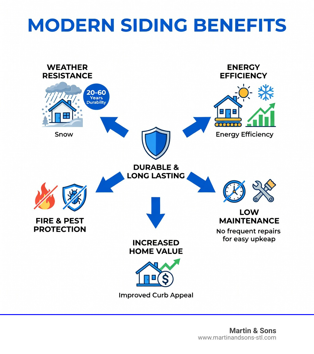 infographic showing benefits of modern siding materials including weather resistance lasting 20-60 years, energy efficiency through insulation, protection against fire and pests, low maintenance requirements, and increased home value with improved curb appeal - house siding contractors st louis infographic infographic showing benefits of modern siding materials including weather resistance lasting 20-60 years, energy efficiency through insulation, protection against fire and pests, low maintenance requirements, and increased home value with improved curb appeal - house siding contractors st louis infographic