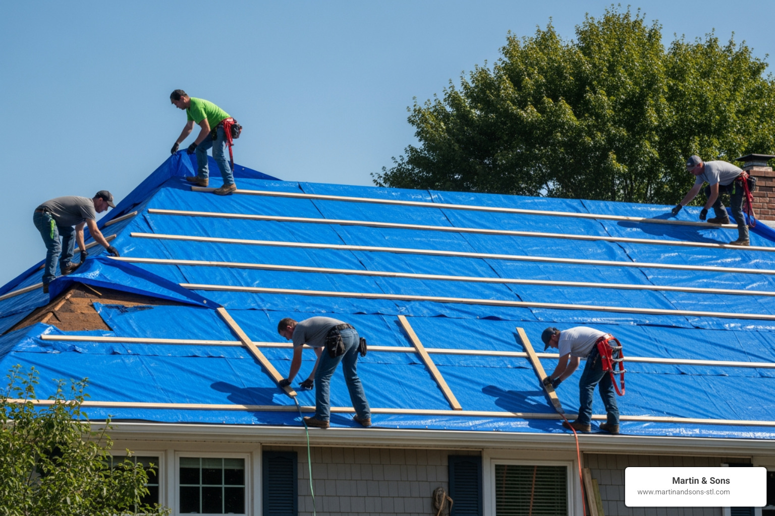 professional roof tarping being installed on a damaged roof - emergency roofing repair near me professional roof tarping being installed on a damaged roof - emergency roofing repair near me