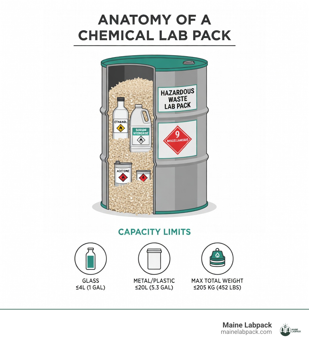 infographic showing the anatomy of a chemical lab pack: outer DOT-approved 55-gallon drum, multiple small inner containers of compatible hazardous chemicals, vermiculite or absorbent packing material filling empty spaces, proper hazardous waste labeling with identification numbers and hazard class, capacity limits for inner containers, and maximum weight restrictions - whats a chemical lab pack infographic infographic showing the anatomy of a chemical lab pack: outer DOT-approved 55-gallon drum, multiple small inner containers of compatible hazardous chemicals, vermiculite or absorbent packing material filling empty spaces, proper hazardous waste labeling with identification numbers and hazard class, capacity limits for inner containers, and maximum weight restrictions - whats a chemical lab pack infographic