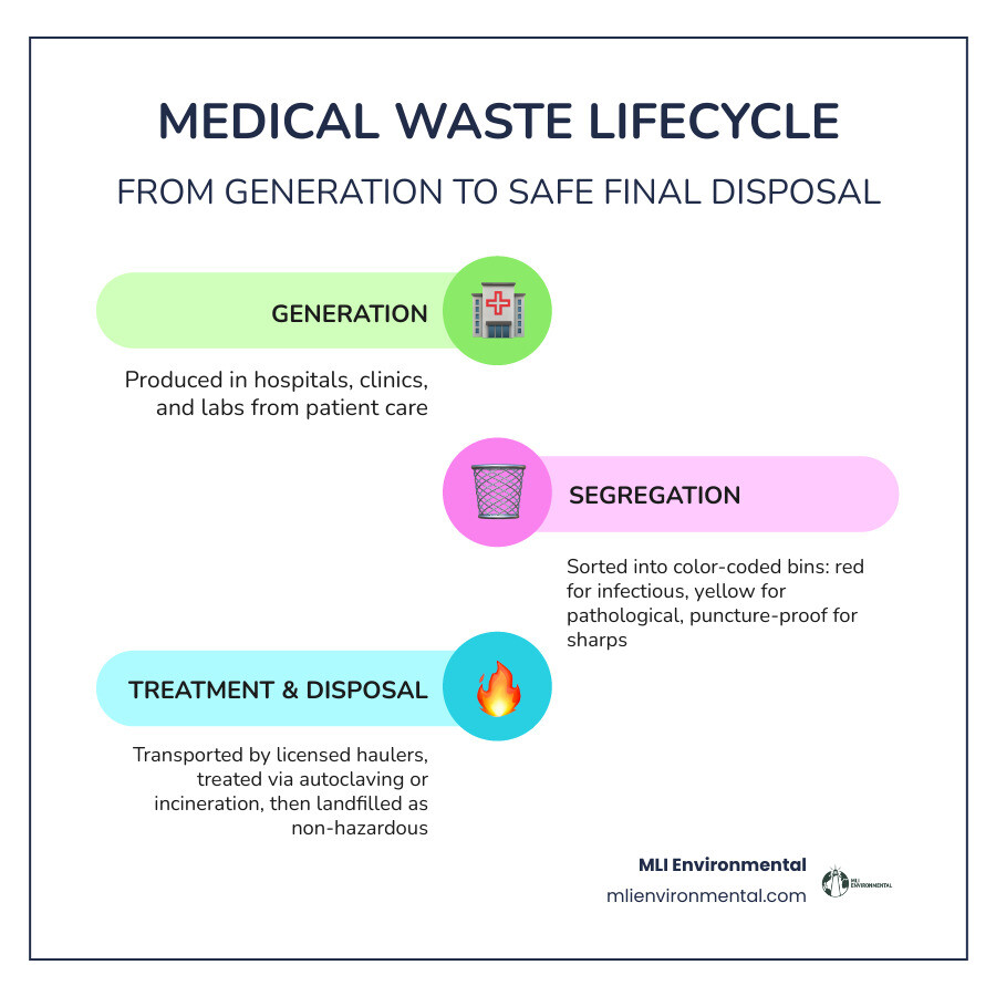 Infographic showing the medical waste lifecycle: generation at healthcare facilities, segregation into color-coded containers (red for infectious, yellow for pathological, puncture-resistant for sharps), storage in secure areas, transport by licensed haulers, treatment via autoclaving or incineration, and final disposal as non-infectious solid waste - medical waste disposal infographic infographic-line-3-steps-colors Infographic showing the medical waste lifecycle: generation at healthcare facilities, segregation into color-coded containers (red for infectious, yellow for pathological, puncture-resistant for sharps), storage in secure areas, transport by licensed haulers, treatment via autoclaving or incineration, and final disposal as non-infectious solid waste - medical waste disposal infographic infographic-line-3-steps-colors