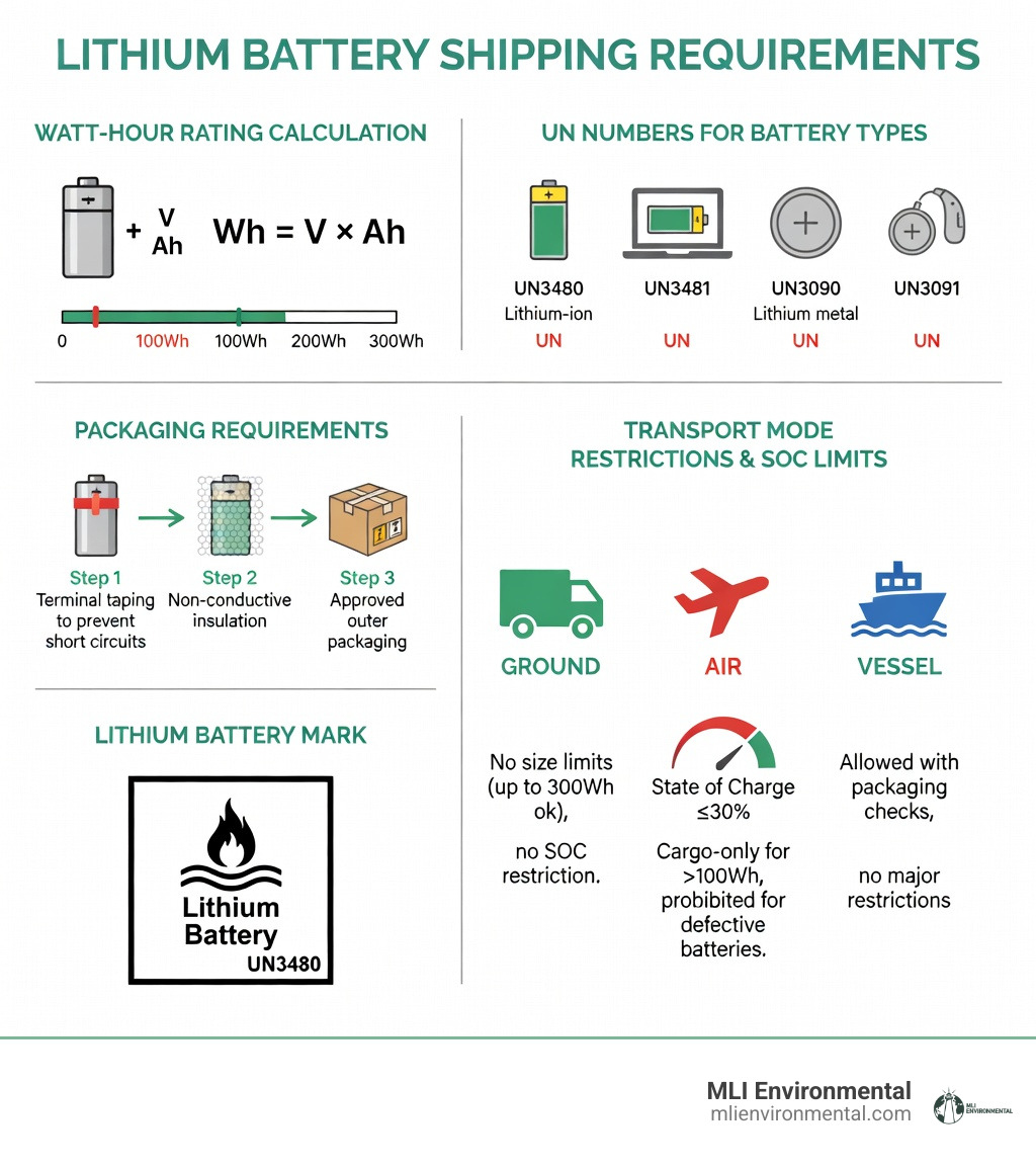 Infographic showing lithium battery shipping requirements: calculation of Wh rating (Voltage x Amp-hours), UN numbers for different battery types (UN3480, UN3481, UN3090, UN3091), packaging requirements with short circuit protection and terminal taping, lithium battery mark dimensions (100mm x 100mm), transport mode restrictions for ground vs air vs vessel, and state of charge limits of 30% for air cargo - lithium battery shipping infographic Infographic showing lithium battery shipping requirements: calculation of Wh rating (Voltage x Amp-hours), UN numbers for different battery types (UN3480, UN3481, UN3090, UN3091), packaging requirements with short circuit protection and terminal taping, lithium battery mark dimensions (100mm x 100mm), transport mode restrictions for ground vs air vs vessel, and state of charge limits of 30% for air cargo - lithium battery shipping infographic