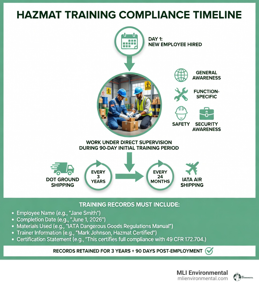 Infographic showing hazmat training compliance timeline: new employees can work under direct supervision for up to 90 days while completing initial training in general awareness, function-specific, safety, and security awareness categories; recurrent training required every 3 years for DOT ground shipping or every 24 months for IATA air shipping; training records must include employee name, completion date, materials used, trainer information, and certification statement; records retained for 3 years plus 90 days post-employment - hazmat safety training infographic Infographic showing hazmat training compliance timeline: new employees can work under direct supervision for up to 90 days while completing initial training in general awareness, function-specific, safety, and security awareness categories; recurrent training required every 3 years for DOT ground shipping or every 24 months for IATA air shipping; training records must include employee name, completion date, materials used, trainer information, and certification statement; records retained for 3 years plus 90 days post-employment - hazmat safety training infographic