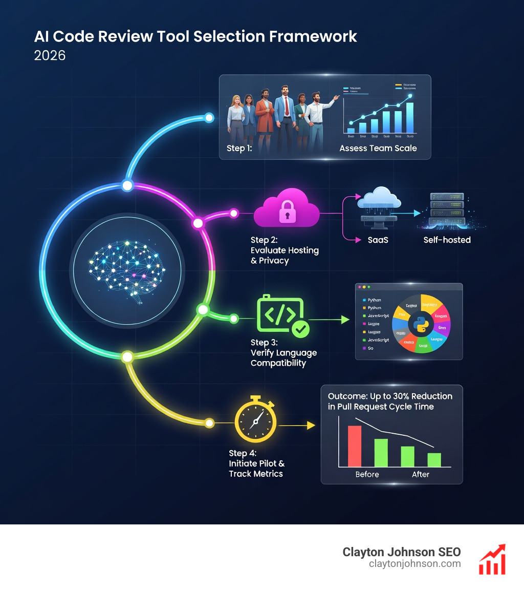 Infographic of the final tool selection framework: identifying team size, determining data privacy needs (SaaS vs. Self-hosted), evaluating language support, and setting up a 14-day pilot phase to measure reduction in PR cycle time - ai code review tools infographic Infographic of the final tool selection framework: identifying team size, determining data privacy needs (SaaS vs. Self-hosted), evaluating language support, and setting up a 14-day pilot phase to measure reduction in PR cycle time - ai code review tools infographic