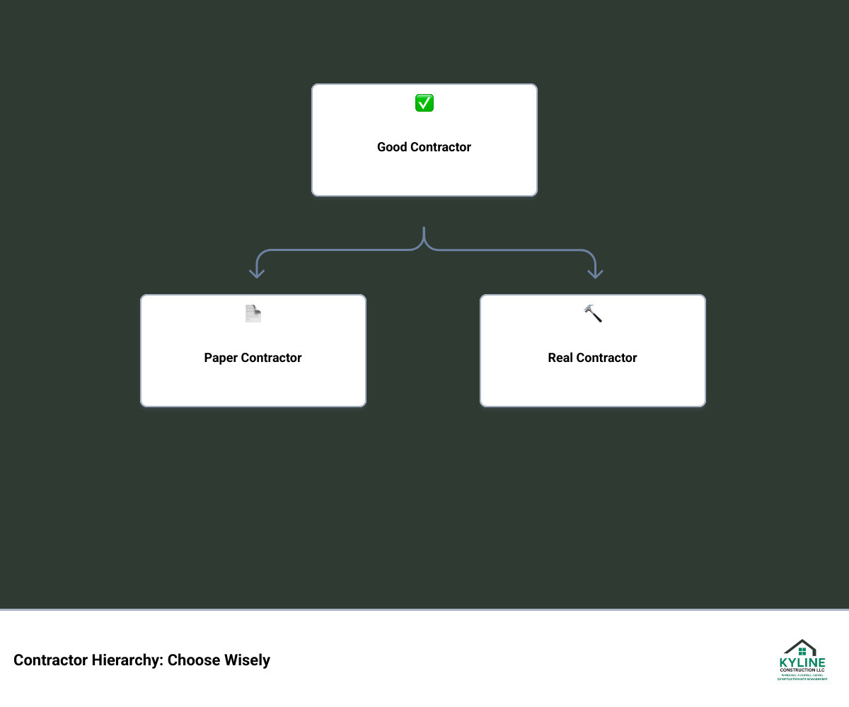 Infographic showing the hierarchy of contractor types: Paper Contractor (coordinates only, no trade skills, relies 100% on subs), Real Contractor (trade-skilled, can self-perform critical work, uses subs strategically), and Good Contractor (either type who maintains licensing, insurance, communication, and accountability to deliver quality results) - Good Contractor, Paper Contractor, Real Contractor infographic hierarchy Infographic showing the hierarchy of contractor types: Paper Contractor (coordinates only, no trade skills, relies 100% on subs), Real Contractor (trade-skilled, can self-perform critical work, uses subs strategically), and Good Contractor (either type who maintains licensing, insurance, communication, and accountability to deliver quality results) - Good Contractor, Paper Contractor, Real Contractor infographic hierarchy