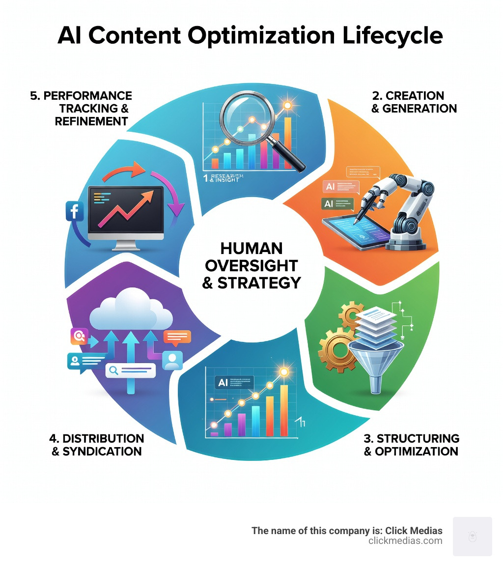 AI content optimization lifecycle showing research, creation, structuring, distribution, and performance tracking with human oversight at each stage - AI content optimization infographic 