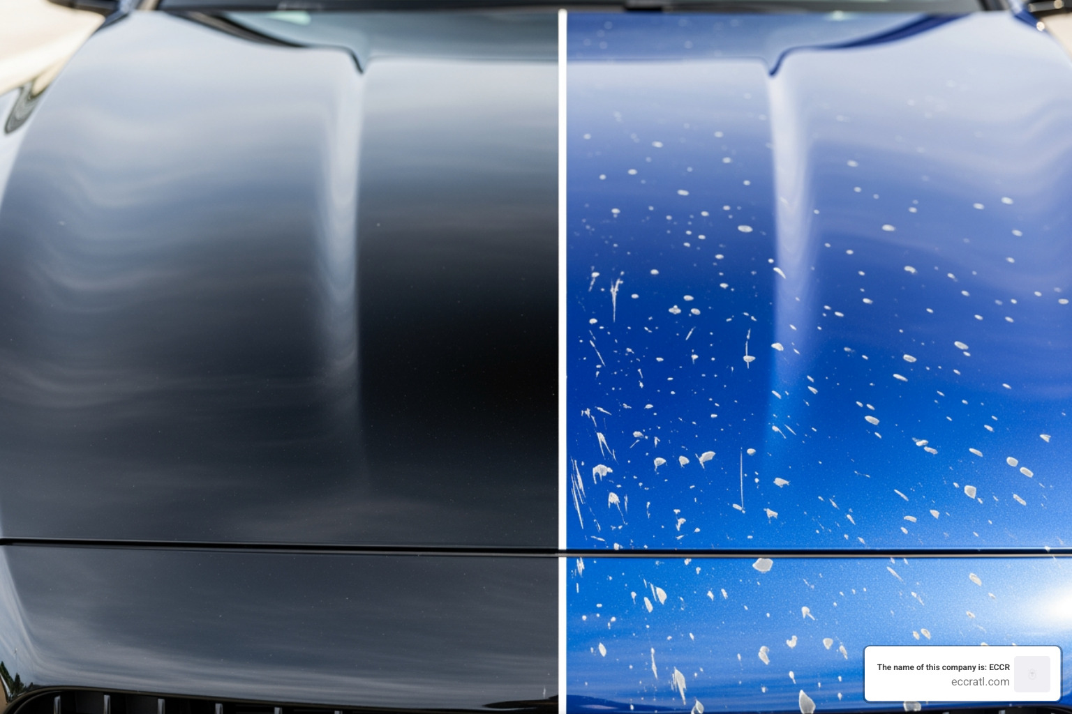 Close-up of a luxury car hood protected by self-healing PPF, showing a clean, glossy surface on one side and simulated road rash and rock chips on an unprotected side to demonstrate the physical barrier provided by the film - self healing ppf atlanta