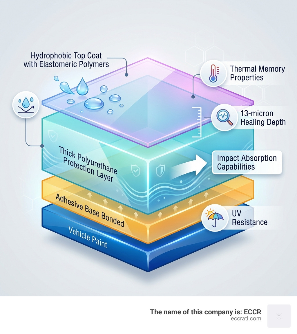 Self-healing PPF multi-layer structure showing hydrophobic top coat with elastomeric polymers, thick polyurethane protection layer, and adhesive base bonded to vehicle paint, with callouts for thermal memory properties, 13-micron healing depth, UV resistance, and impact absorption capabilities - self healing ppf atlanta infographic 