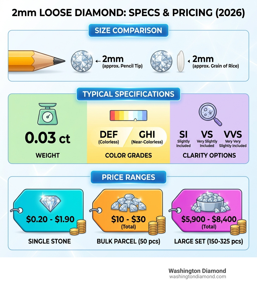 Infographic showing 2mm diamond size comparison to common objects like pencil tip and grain of rice, with breakdown of typical specifications including 0.03ct weight, DEF-GHI color grades, VVS-SI clarity options, and price ranges for single stones versus bulk parcels of 50-325 pieces - 2mm loose diamonds infographic 
