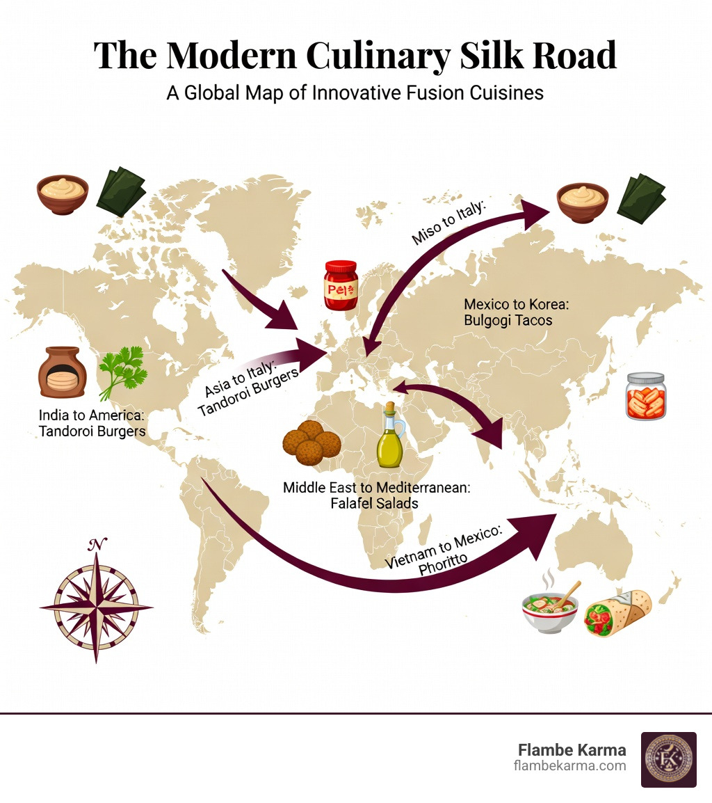 Infographic showing the modern Culinary Silk Road: a world map with arrows connecting Asia to Italy (miso pasta), Mexico to Korea (bulgogi tacos), India to America (tandoori burgers), Vietnam to Mexico (phoritto), and Middle East to Mediterranean (falafel salads), with icons of signature ingredients like gochujang, miso paste, nori, kimchi, and chorizo at key intersection points - Fusion dinner ideas infographic 
