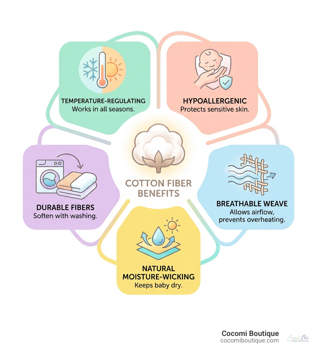 Infographic showing cotton fiber benefits: hypoallergenic properties protect sensitive skin, breathable weave allows airflow to prevent overheating, natural moisture-wicking keeps baby dry, durable fibers soften with washing, and temperature-regulating properties work in all seasons - cotton baby blankets infographic Infographic showing cotton fiber benefits: hypoallergenic properties protect sensitive skin, breathable weave allows airflow to prevent overheating, natural moisture-wicking keeps baby dry, durable fibers soften with washing, and temperature-regulating properties work in all seasons - cotton baby blankets infographic