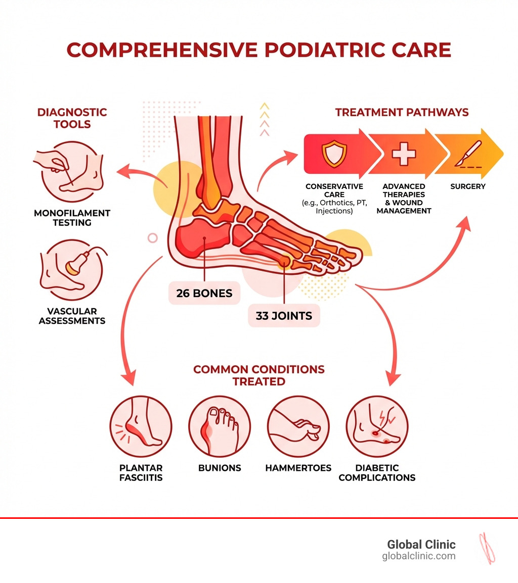 Infographic showing foot anatomy with 26 bones and 33 joints, common conditions treated in podiatric care including plantar fasciitis bunions hammertoes and diabetic complications, diagnostic tools like monofilament testing and vascular assessments, and treatment pathways from conservative care to surgery - comprehensive podiatric care infographic 