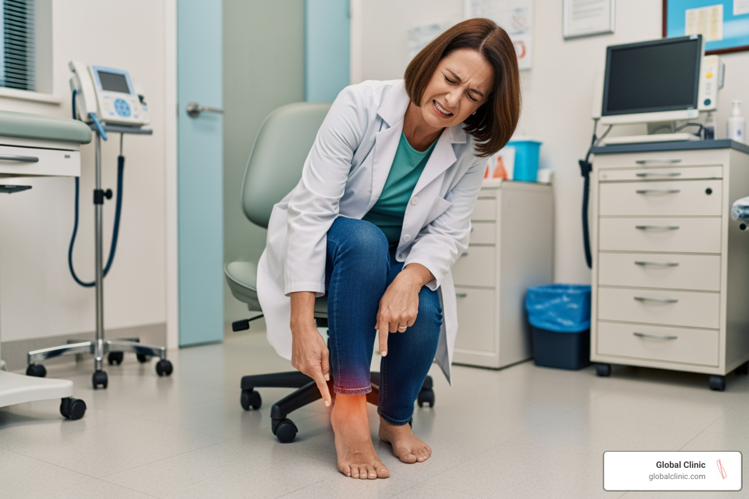 patient pointing to sharp heel pain - Foot pain Chicago