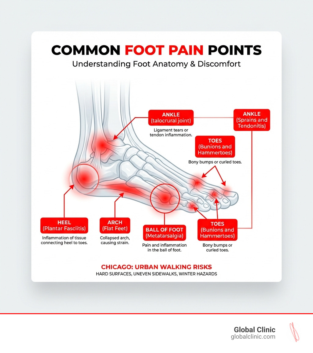 infographic showing foot anatomy with labeled common pain points including heel (plantar fasciitis), arch (flat feet), ball of foot (metatarsalgia), toes (bunions and hammertoes), and ankle (sprains and tendonitis) - Foot pain Chicago infographic 